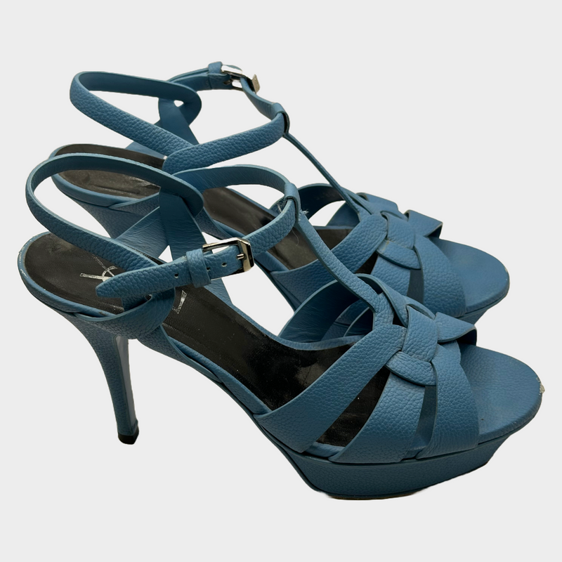 YSL blue grained leather Tribute T-strap heels with platform