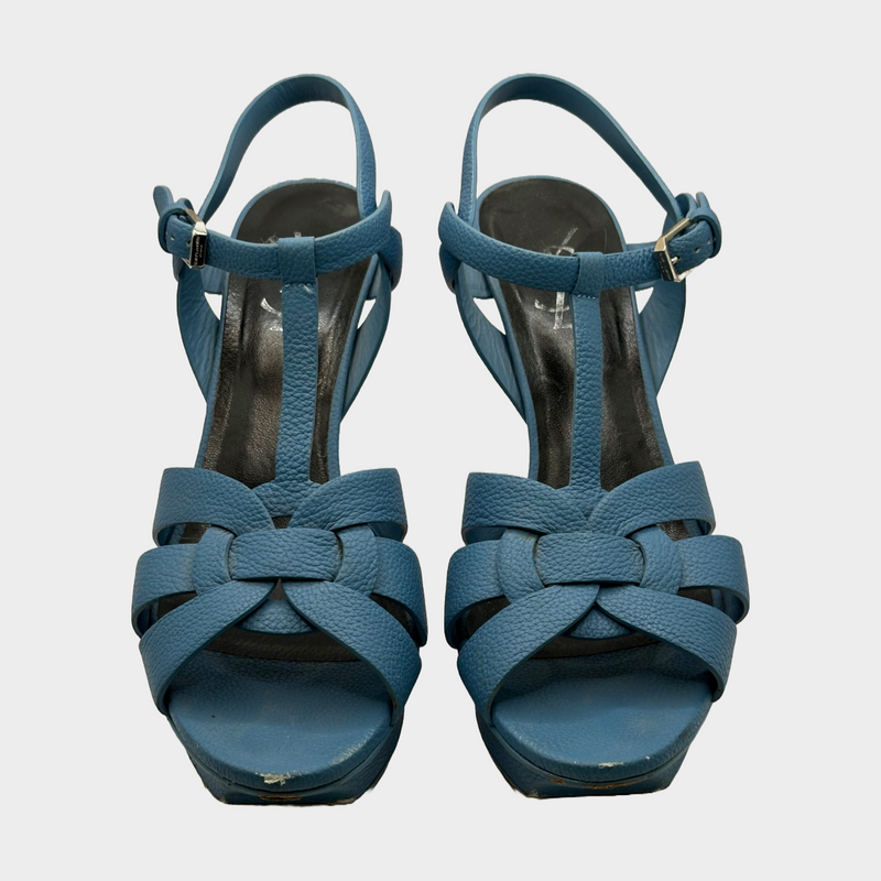 YSL blue grained leather Tribute T-strap heels with platform