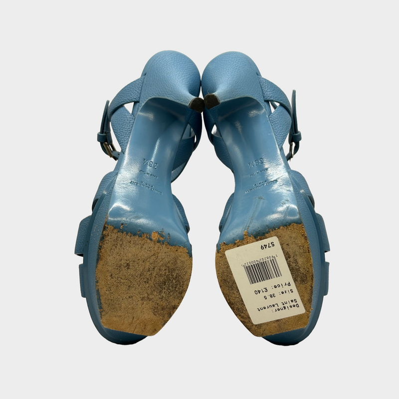 YSL blue grained leather Tribute T-strap heels with platform