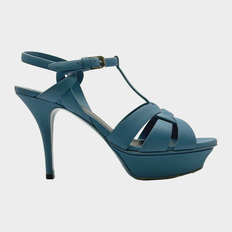 YSL blue grained leather Tribute T-strap heels with platform