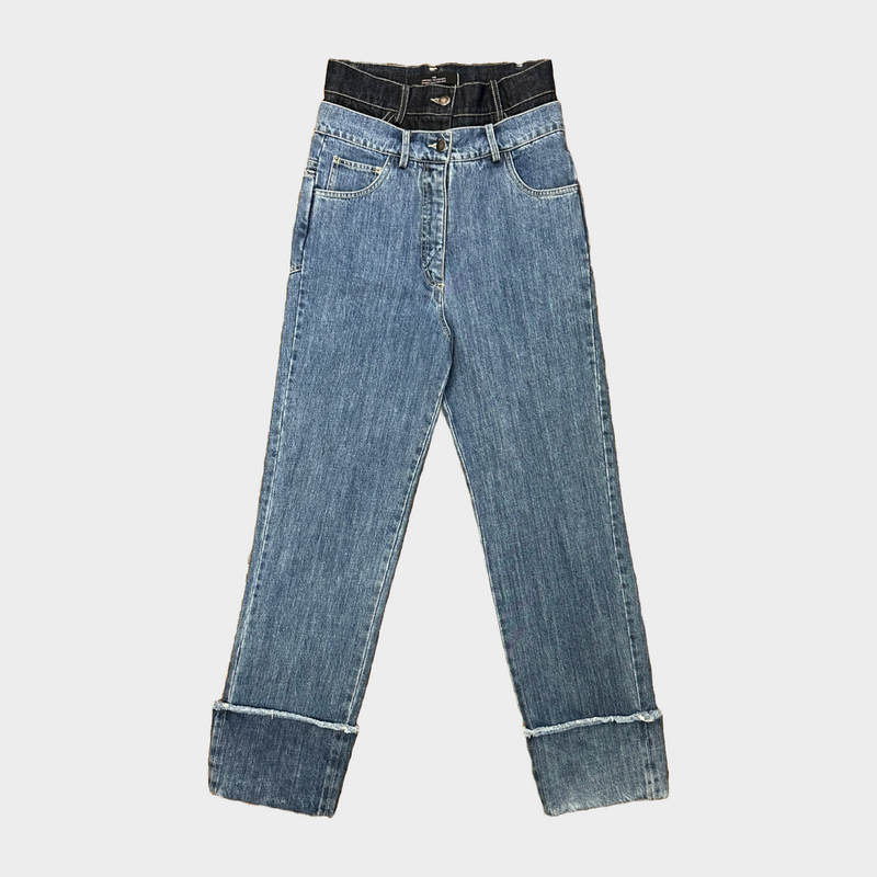 ROKH women’s blue denim double waist cut-out jeans