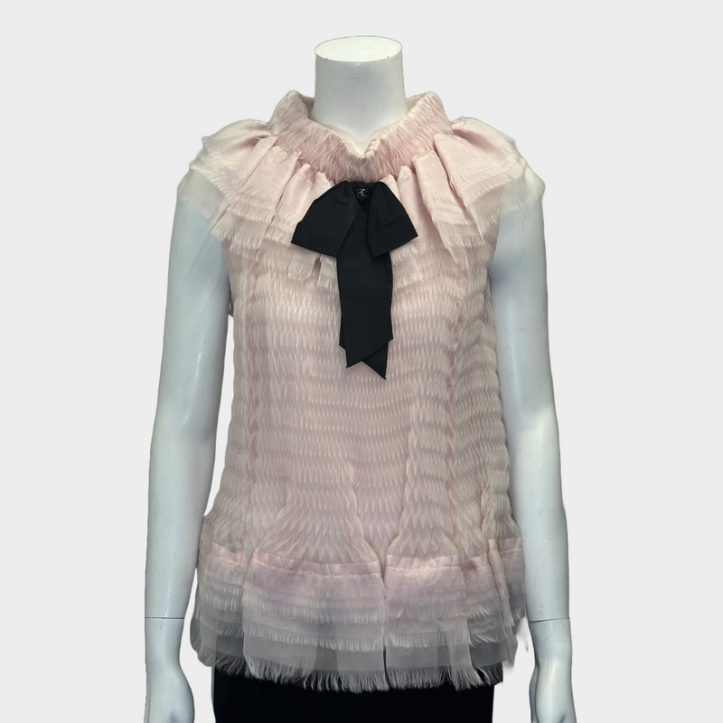 Chanel black and pink tulle geometric pleated top with detachable bow