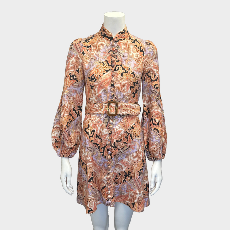 Zimmermann orange and purple linen long-sleeved buttoned mini belted dress