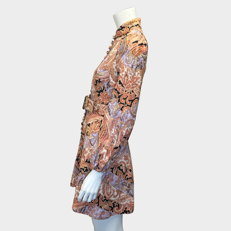 Zimmermann orange and purple linen long-sleeved buttoned mini belted dress