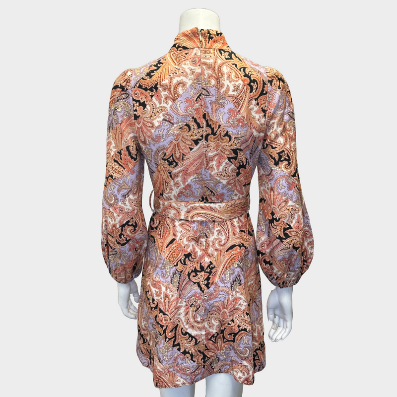 Zimmermann orange and purple linen long-sleeved buttoned mini belted dress