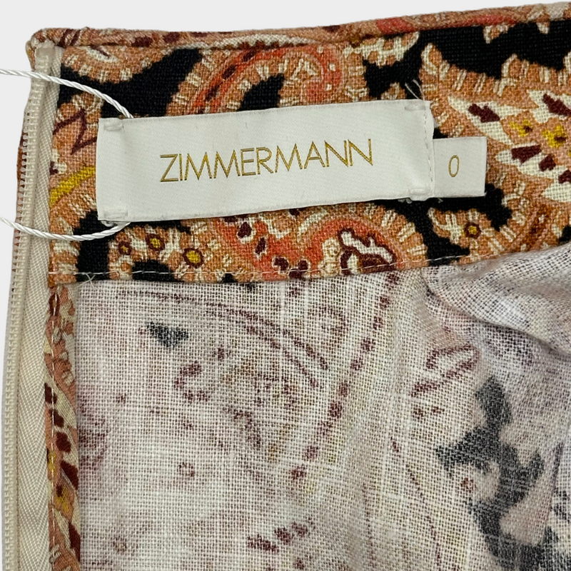 Zimmermann orange and purple linen long-sleeved buttoned mini belted dress