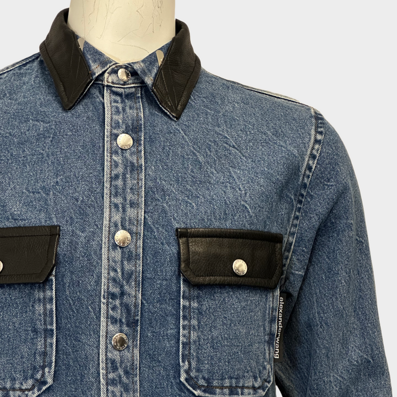 Alexander Wang men's navy and black denim jacket with leather details