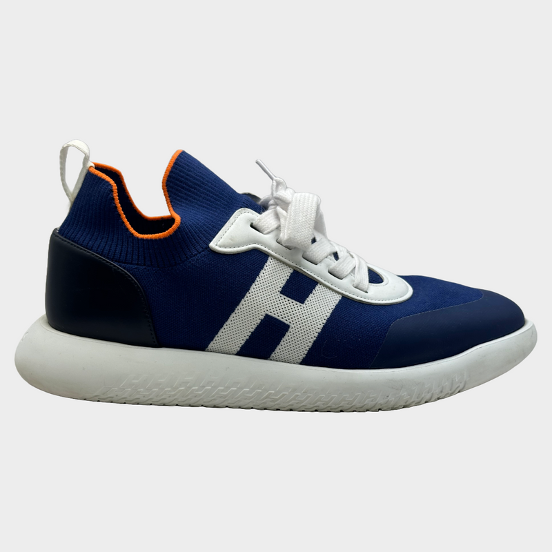 Hermès men's blue and white fabric bouncing H sneakers with orange trim