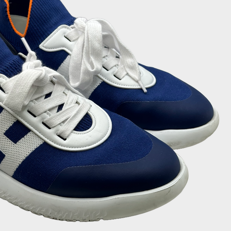 Hermès men's blue and white fabric bouncing H sneakers with orange trim
