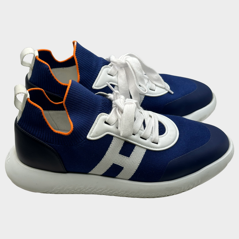 Hermès men's blue and white fabric bouncing H sneakers with orange trim