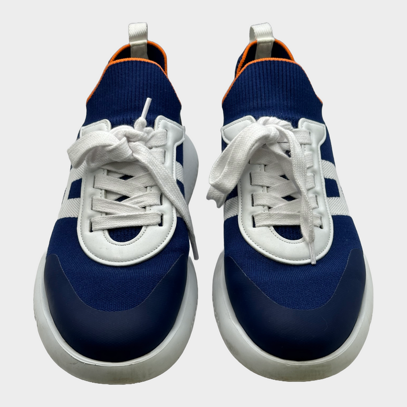 Hermès men's blue and white fabric bouncing H sneakers with orange trim