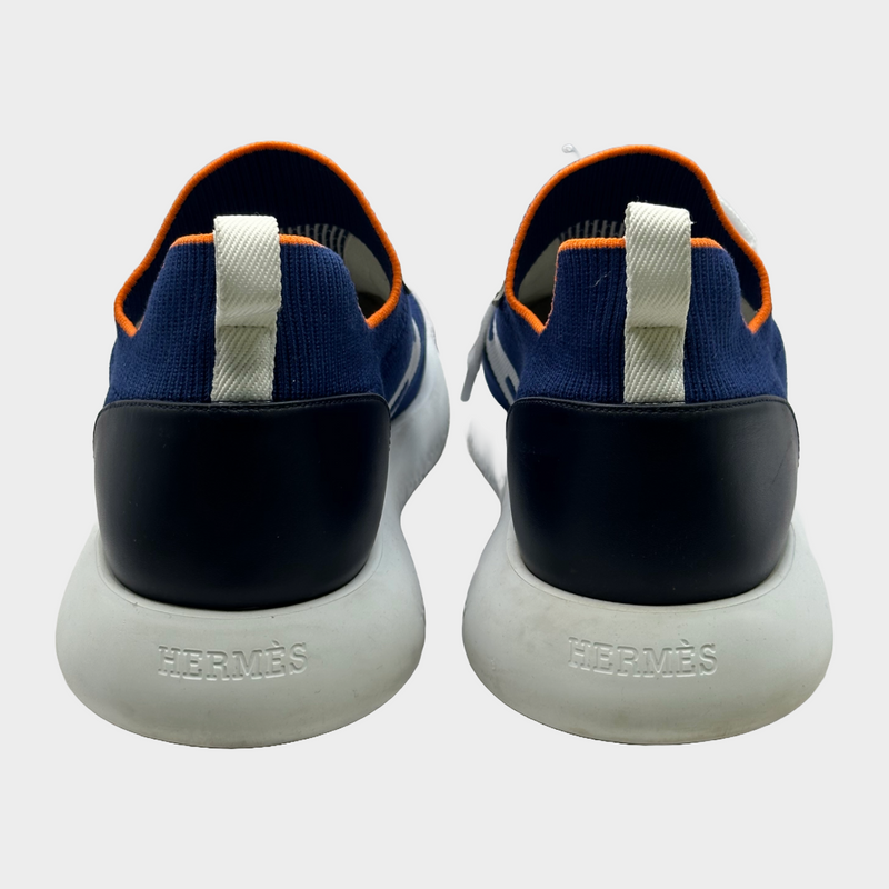 Hermès men's blue and white fabric bouncing H sneakers with orange trim