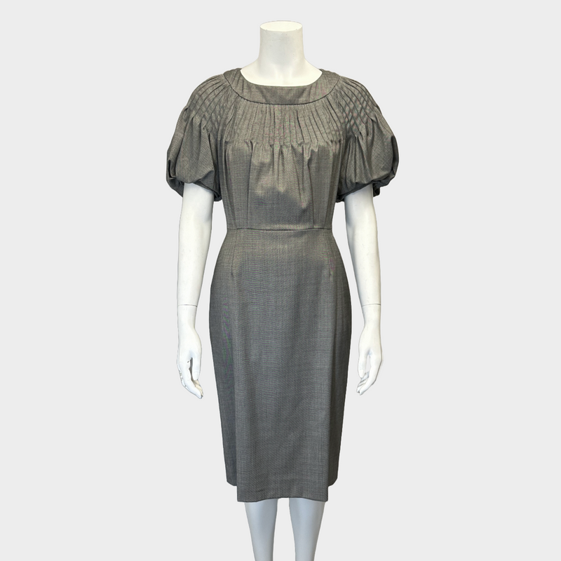 CHRISTIAN DIOR grey wool gathered neckline dress
