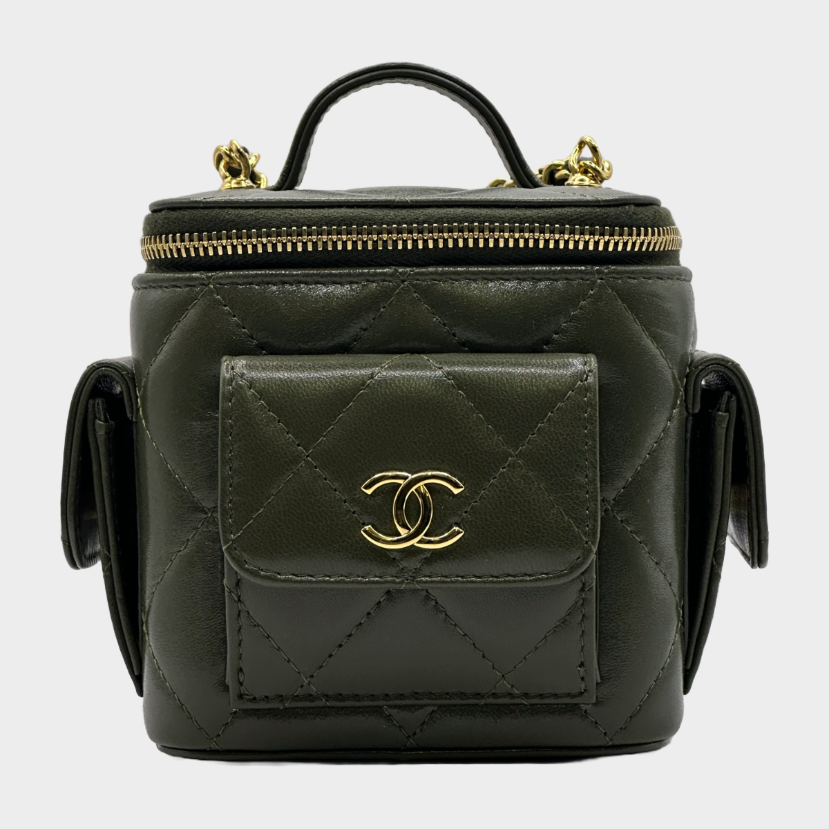 Chanel women s khaki quilted leather cube vanity mini bag on chain Loop Generation