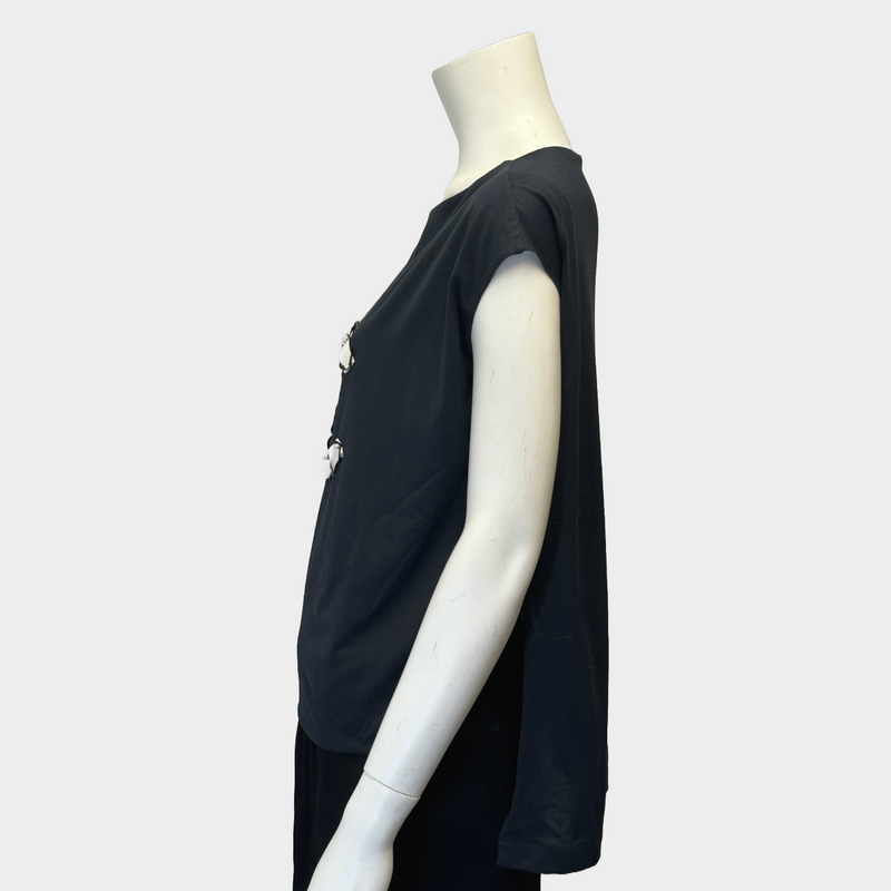 CHANEL navy cotton cap-sleeved t-shirt with white ribbon and pearl CC logo detail