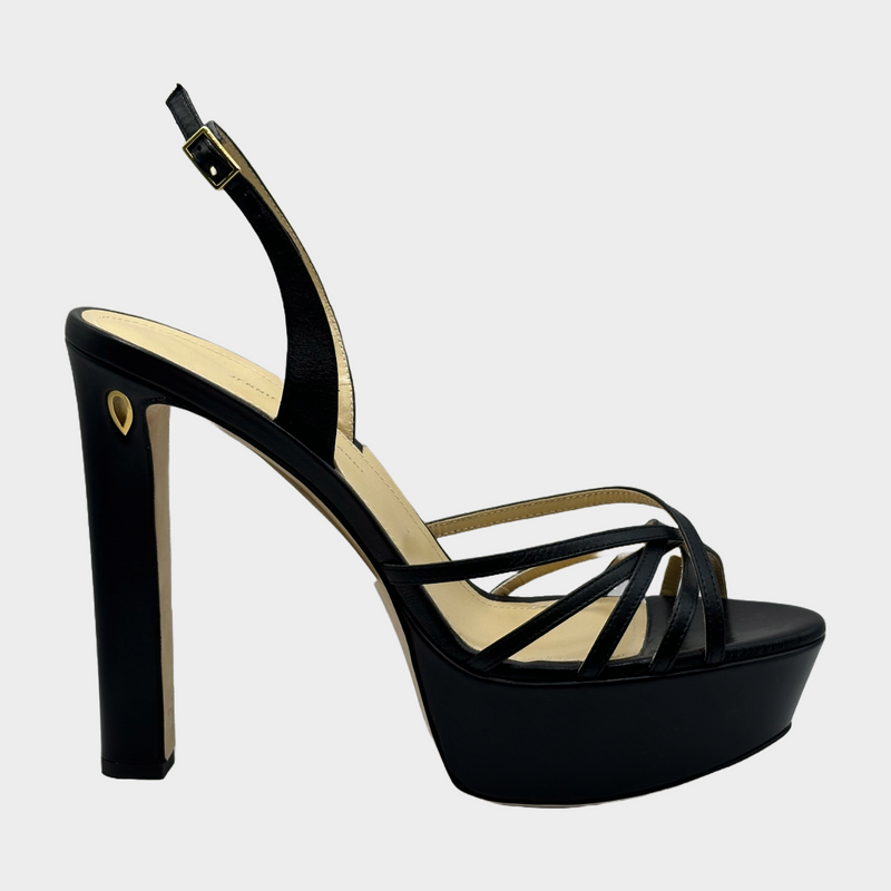 Jennifer Chamandi black leather strappy platform sandal heels
