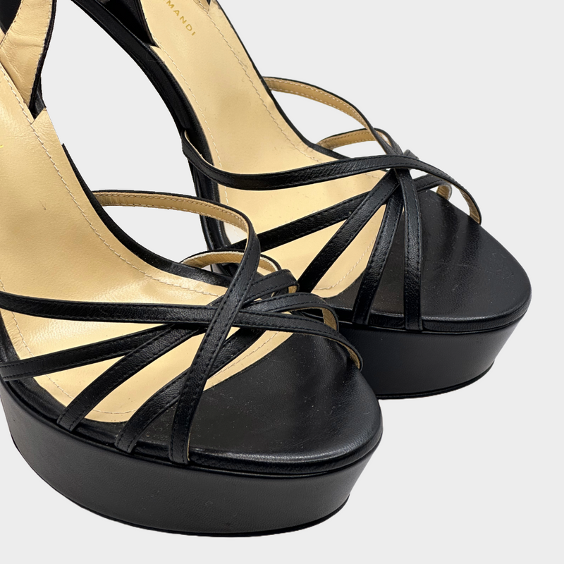 Jennifer Chamandi black leather strappy platform sandal heels