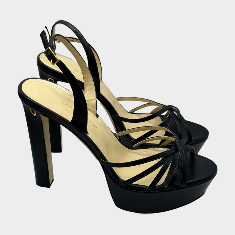 Jennifer Chamandi black leather strappy platform sandal heels