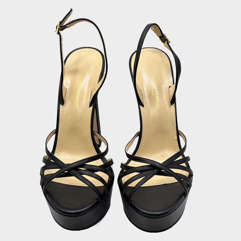 Jennifer Chamandi black leather strappy platform sandal heels