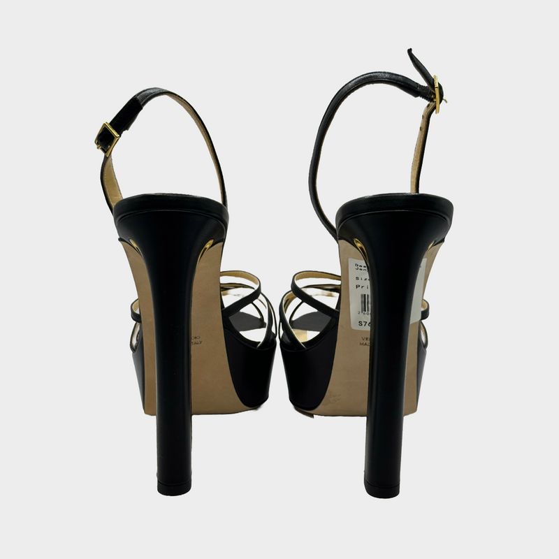 Jennifer Chamandi black leather strappy platform sandal heels
