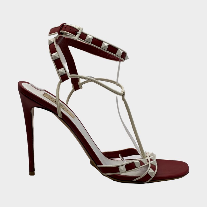 Valentino red and white leather studded strappy heeled sandals