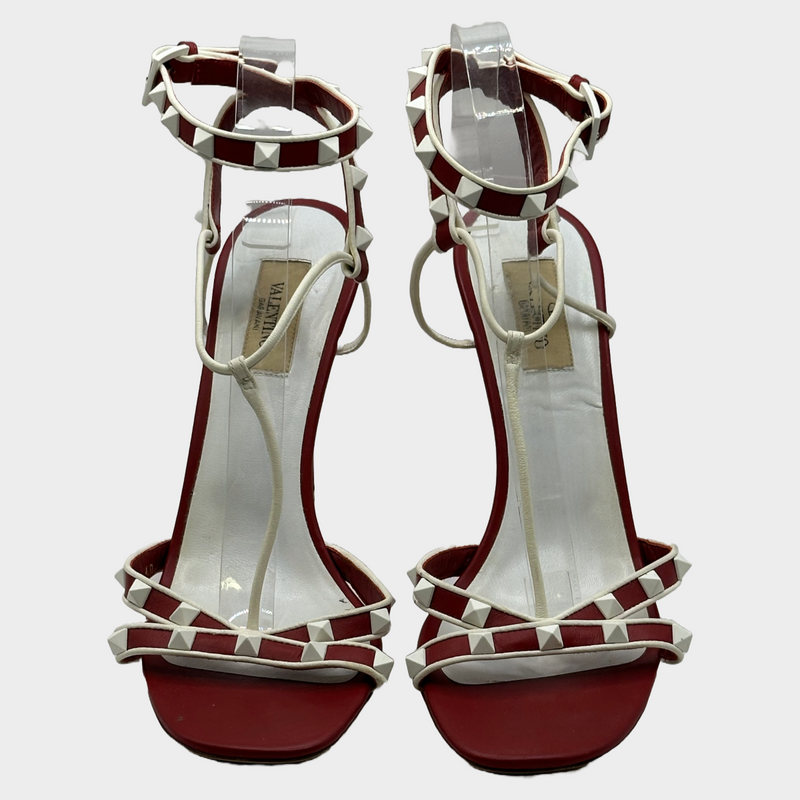 Valentino red and white leather studded strappy heeled sandals