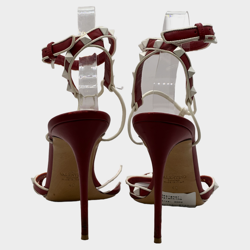 Valentino red and white leather studded strappy heeled sandals