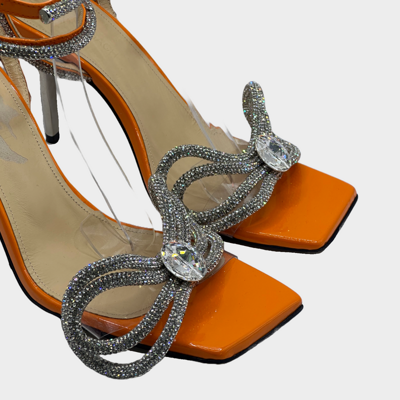 Mach&Mach orange leather square front sandal heels with crystal embellishment