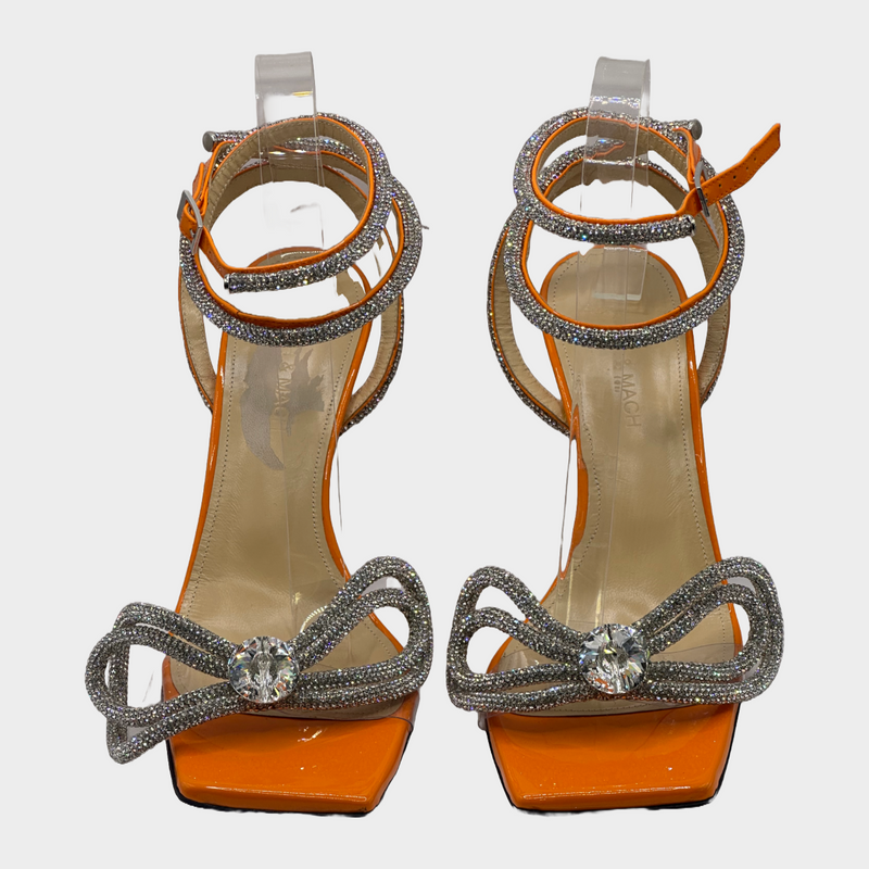 Mach&Mach orange leather square front sandal heels with crystal embellishment