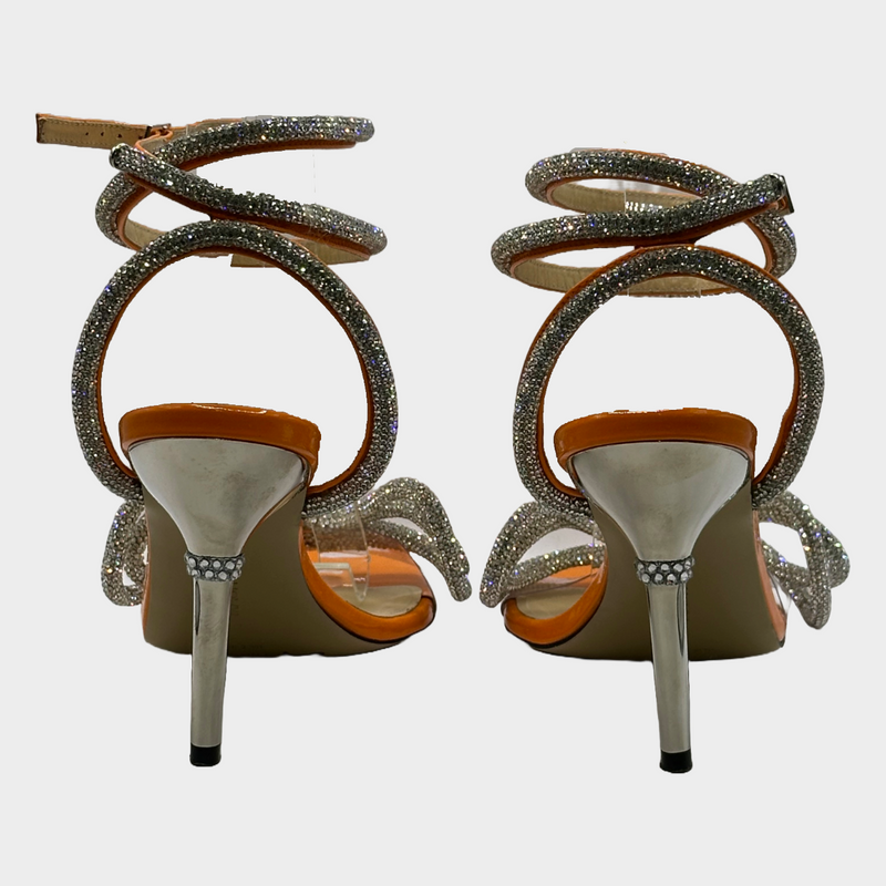 Mach&Mach orange leather square front sandal heels with crystal embellishment