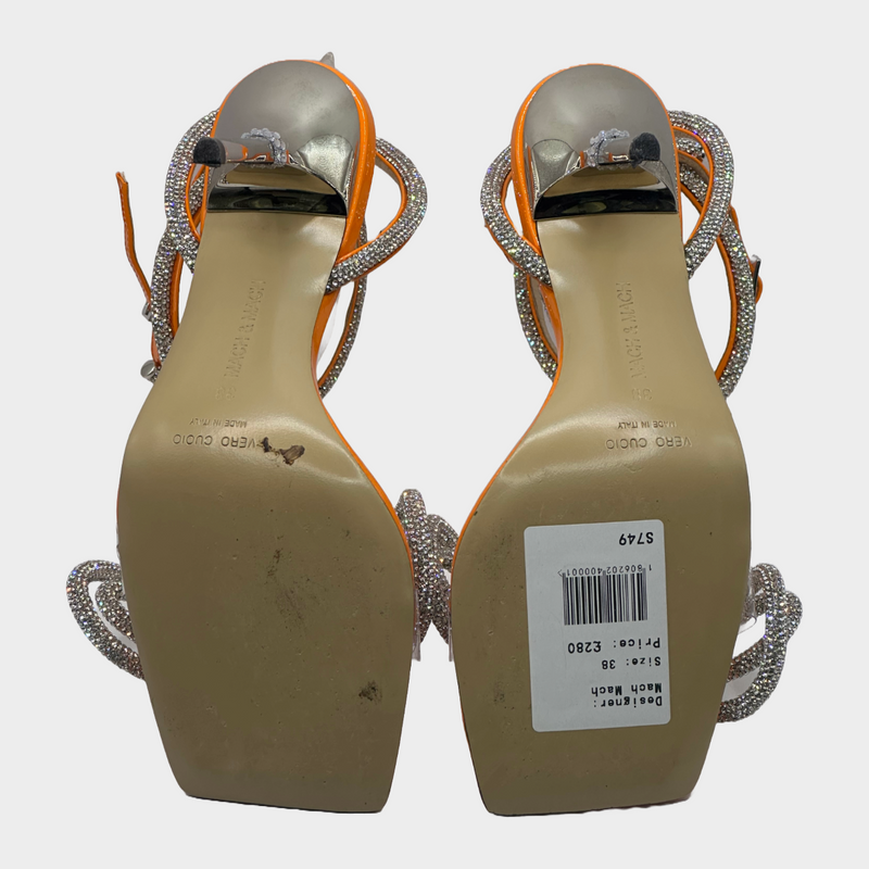 Mach&Mach orange leather square front sandal heels with crystal embellishment