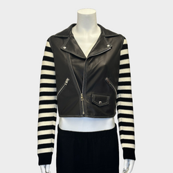 Loewe women's black and white leather biker jacket with striped knitted sleeves
