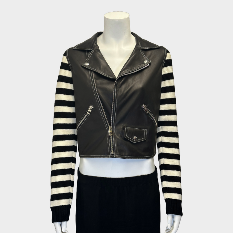 Loewe women's black and white leather biker jacket with striped knitted sleeves