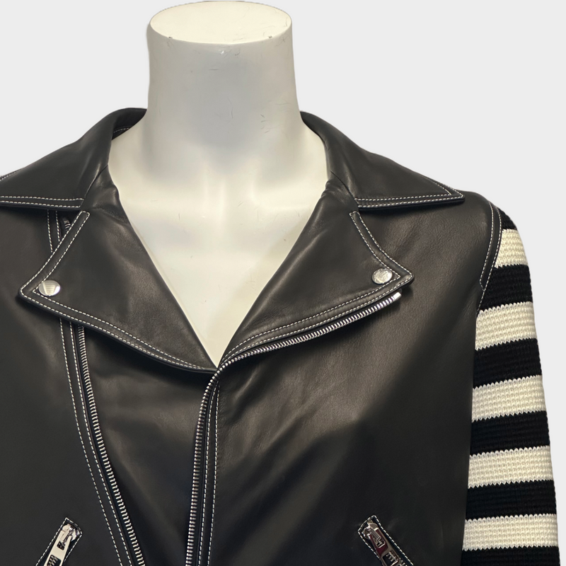 Loewe women's black and white leather biker jacket with striped knitted sleeves