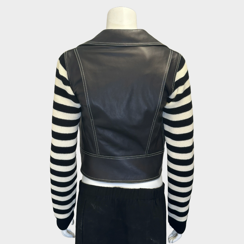 Loewe women's black and white leather biker jacket with striped knitted sleeves