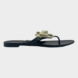 CHANEL women's black rubber Camellia flip flop