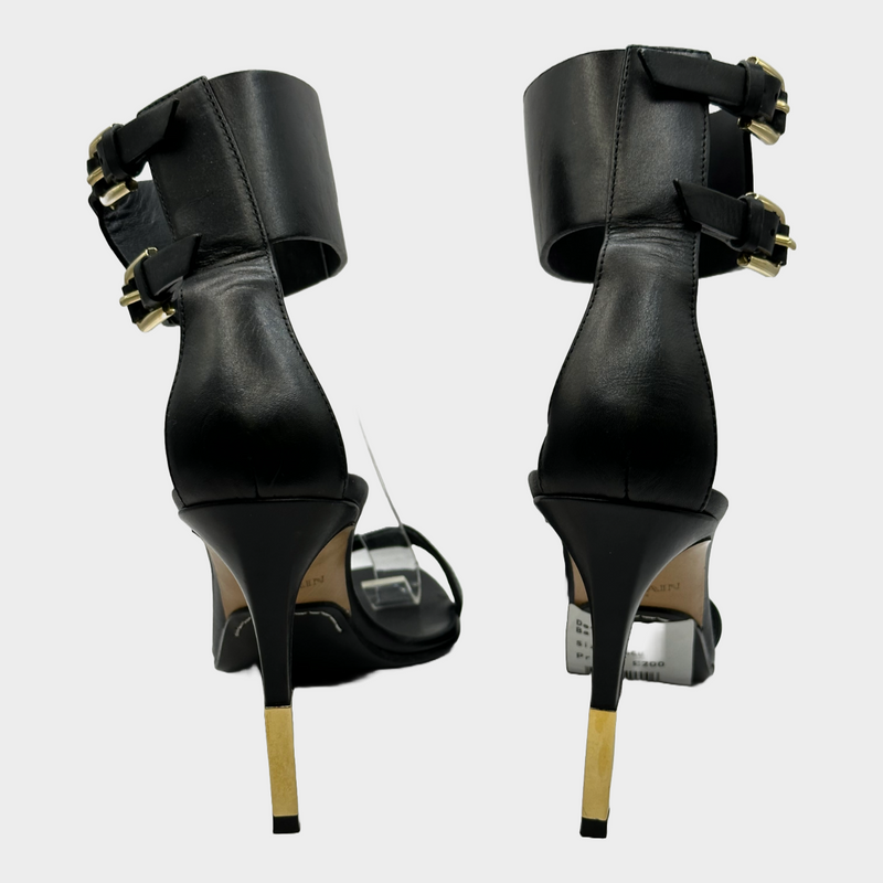 Balmain black leather ankle logo strap heels with gold tone hardware