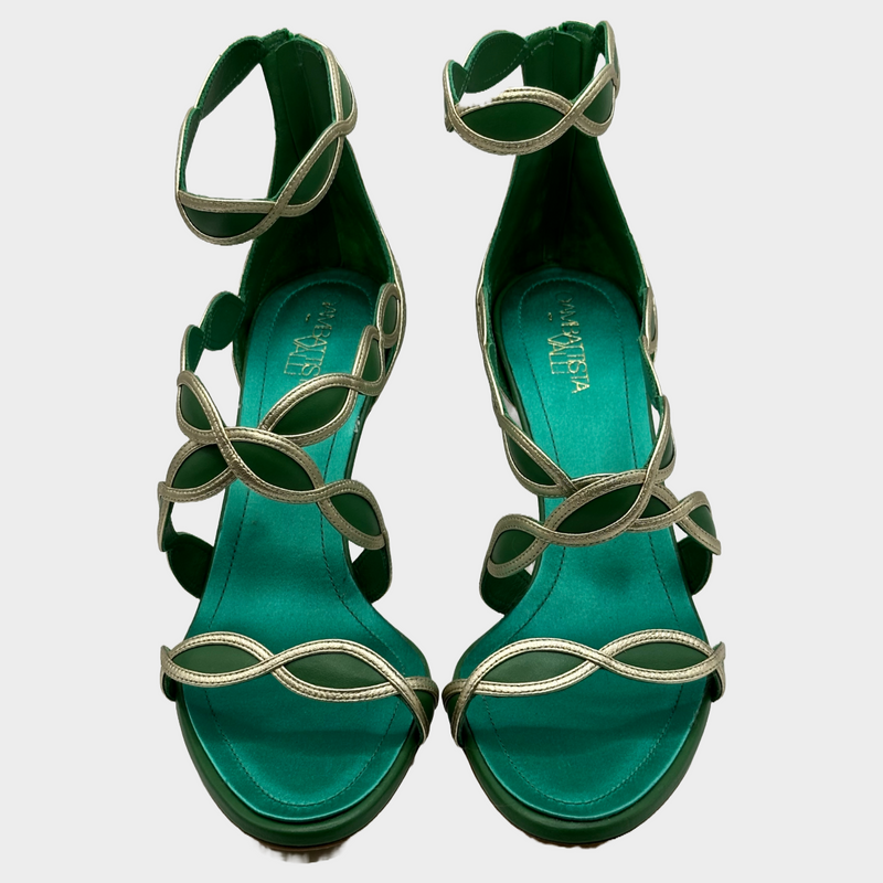 Giambattista Valli green and gold leather sandal heels