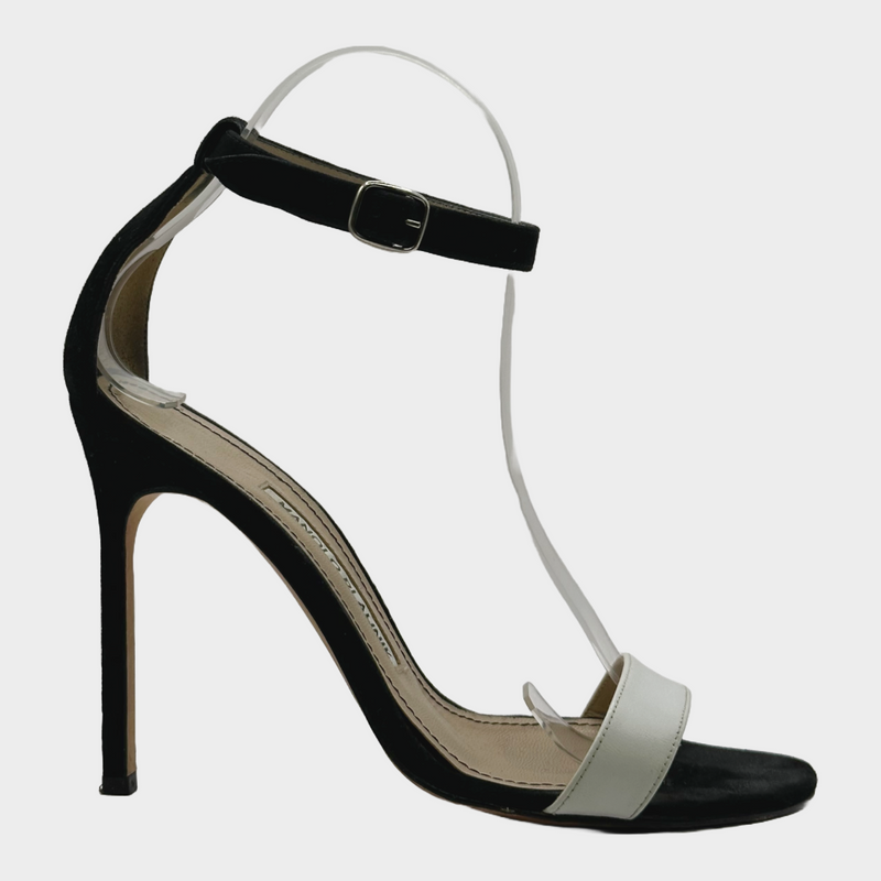 Manolo Blahnik white and black suede and leather sandal heels