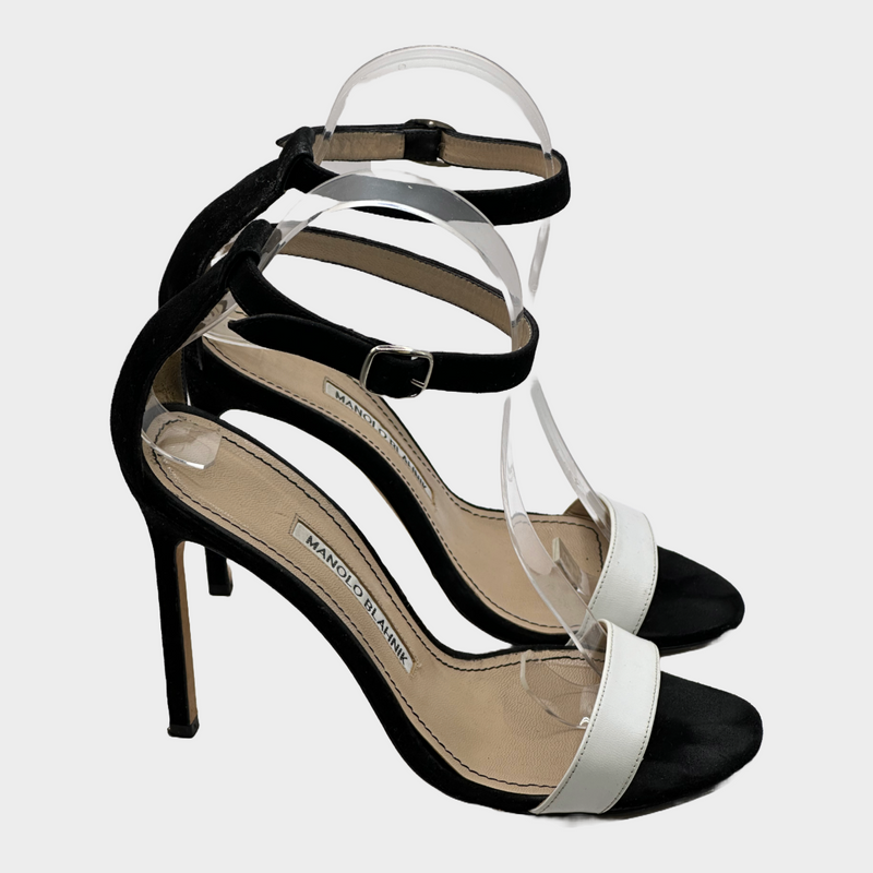 Manolo Blahnik white and black suede and leather sandal heels