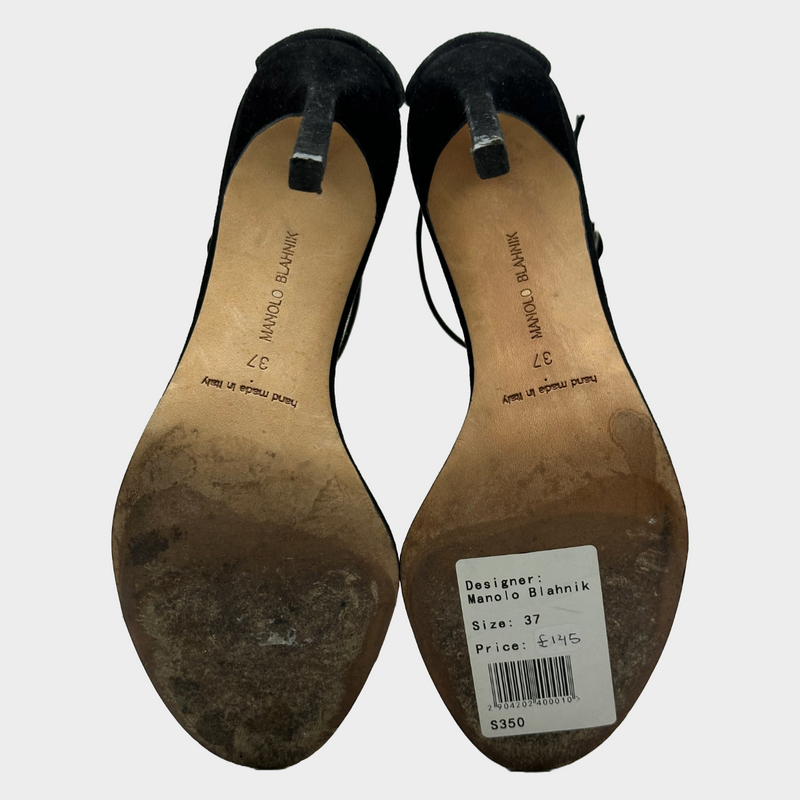 Manolo Blahnik white and black suede and leather sandal heels