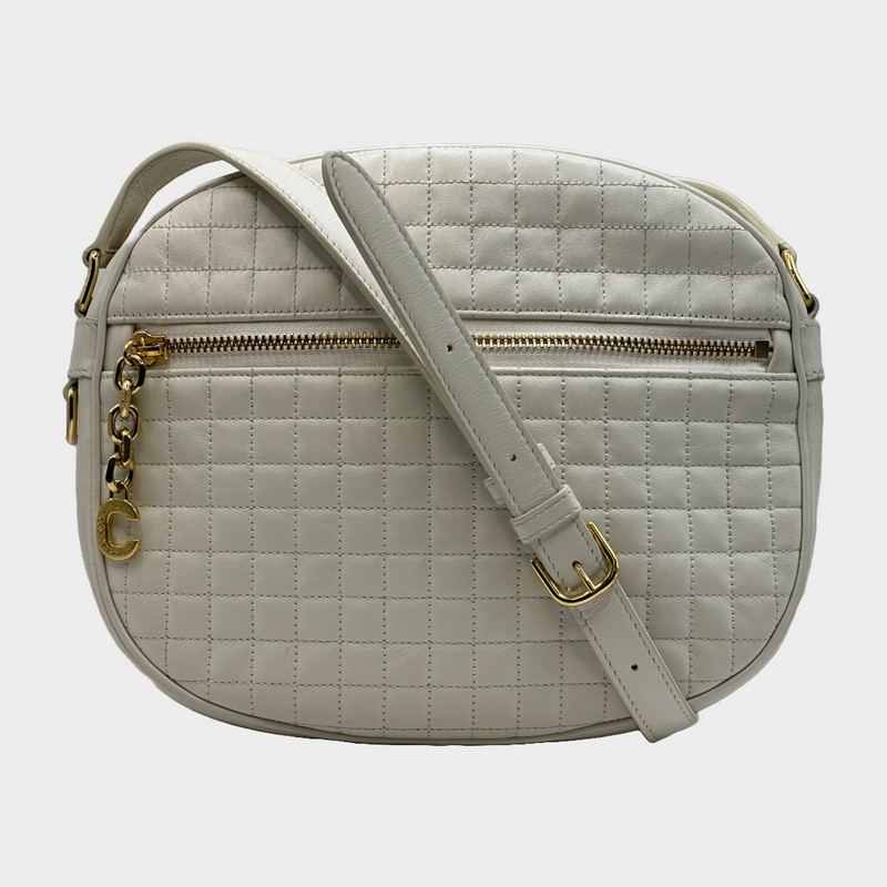 CÉLINE white quilted leather crossbody bag with gold tone C detail