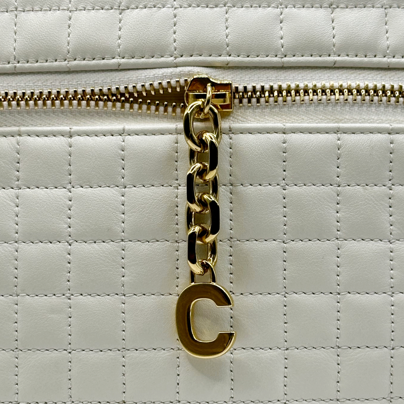 CÉLINE white quilted leather crossbody bag with gold tone C detail