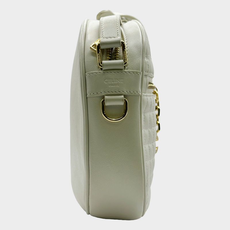 CÉLINE white quilted leather crossbody bag with gold tone C detail
