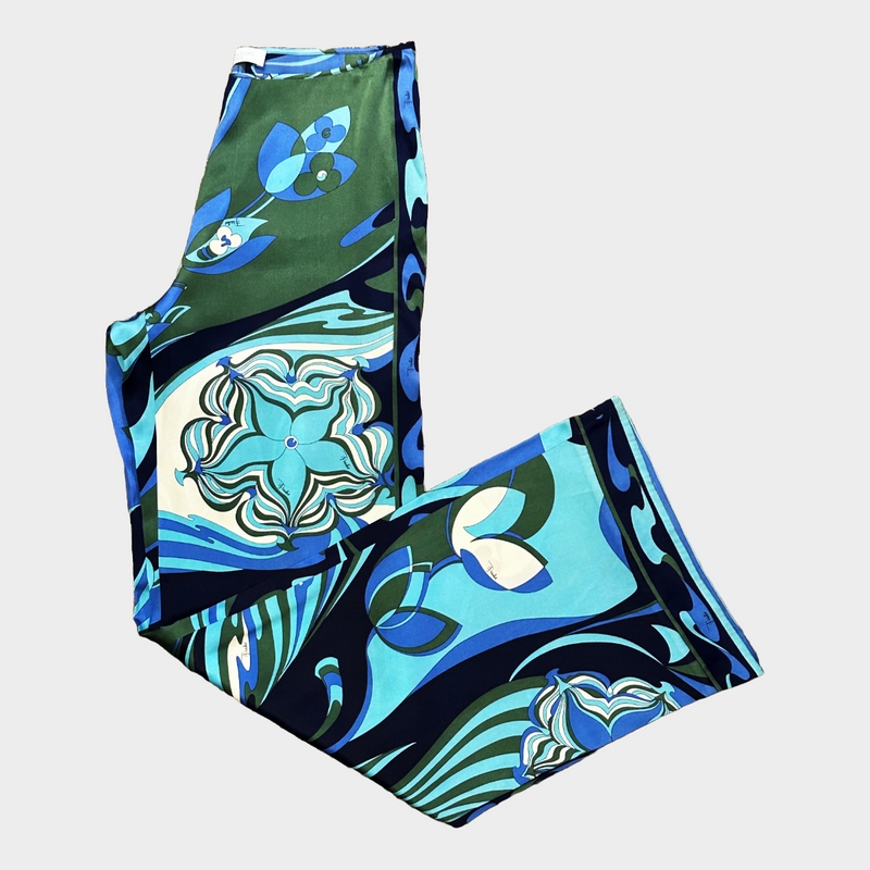 Emilio Pucci women's blue and green abstract print silk trousers