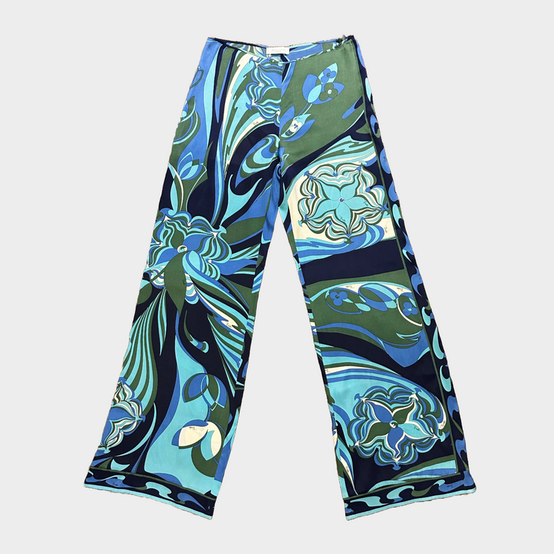 Emilio Pucci women's blue and green abstract print silk trousers