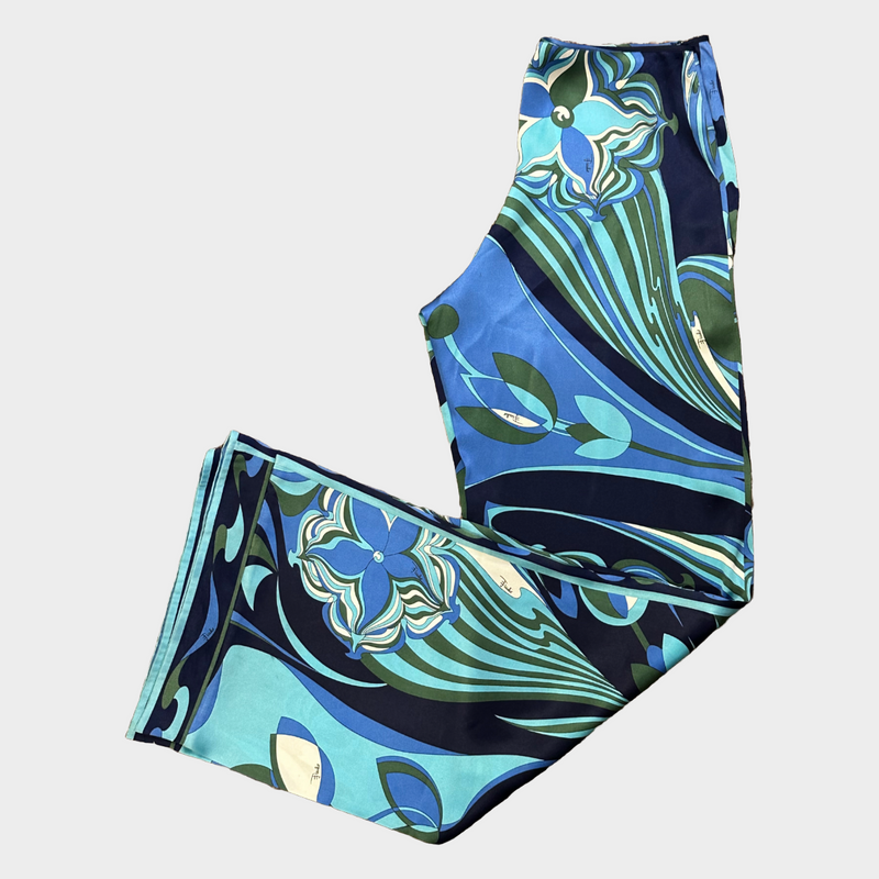 Emilio Pucci women's blue and green abstract print silk trousers