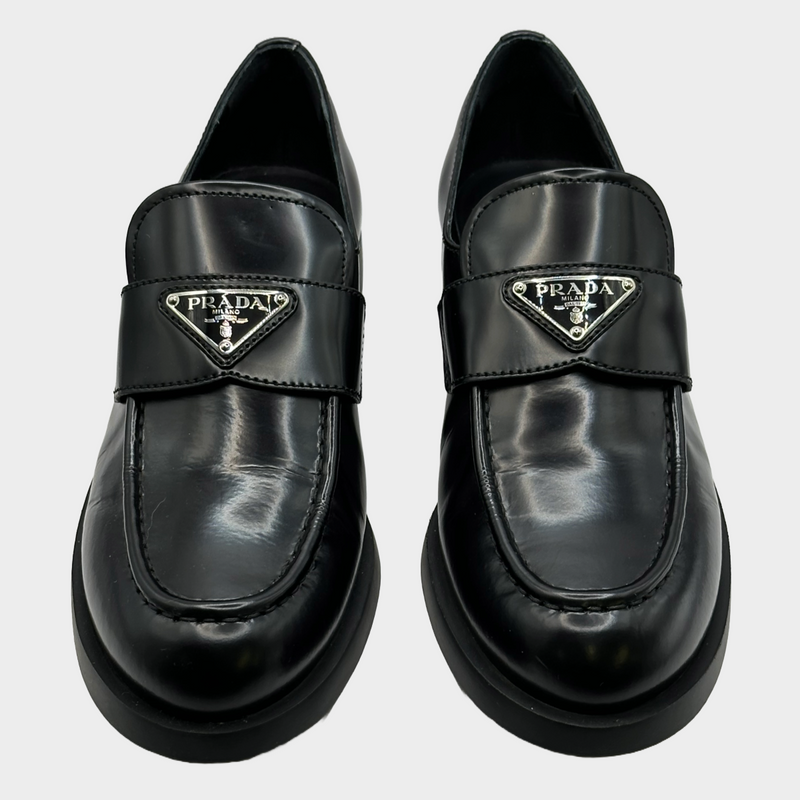 Prada women's black leather logo platform loafers