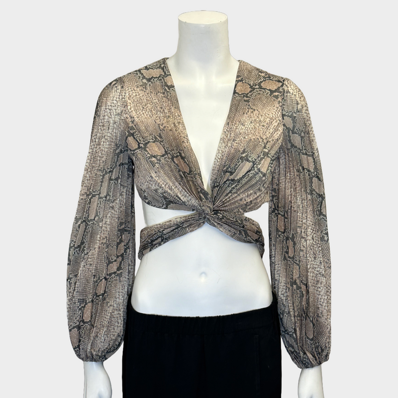 Zimmermann women's beige snake print pleated cropped long-sleeved top