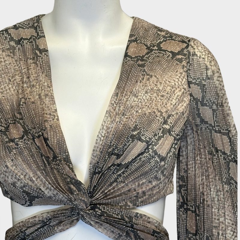 Zimmermann women's beige snake print pleated cropped long-sleeved top